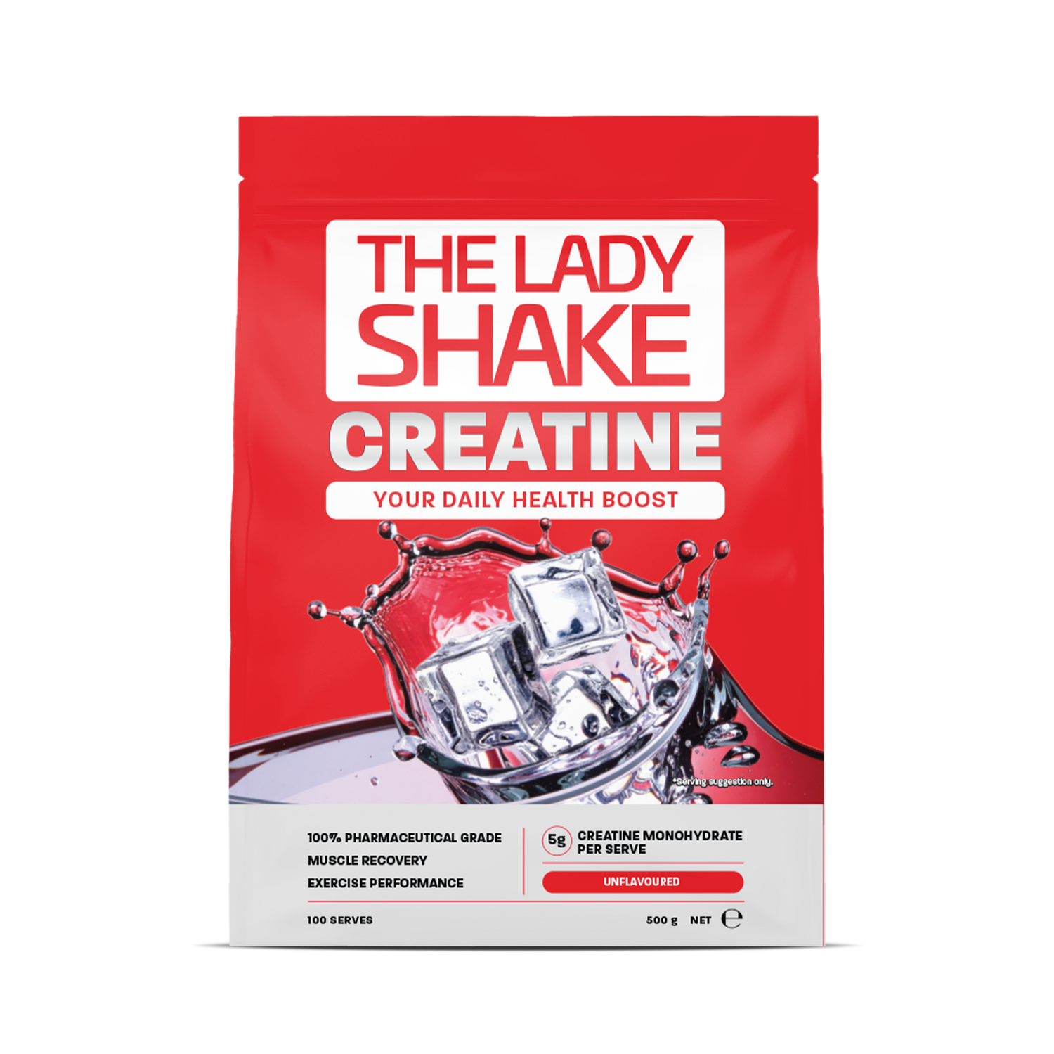 Red package of 'The Lady Shake Creatine' on a white background