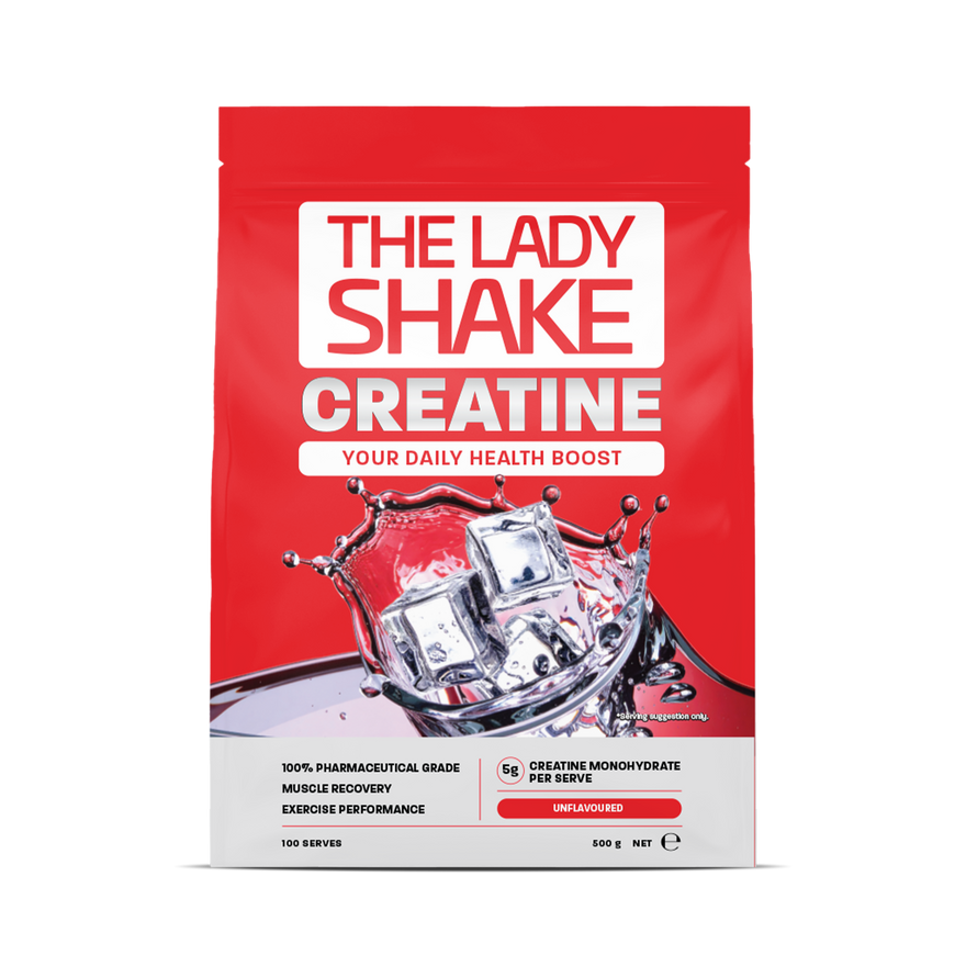 Red package of 'The Lady Shake Creatine' on a white background